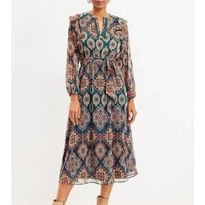 LOFT Medallion Belted Chiffon Midi Dress Bohemian Ruffle Long Sleeve Size Large